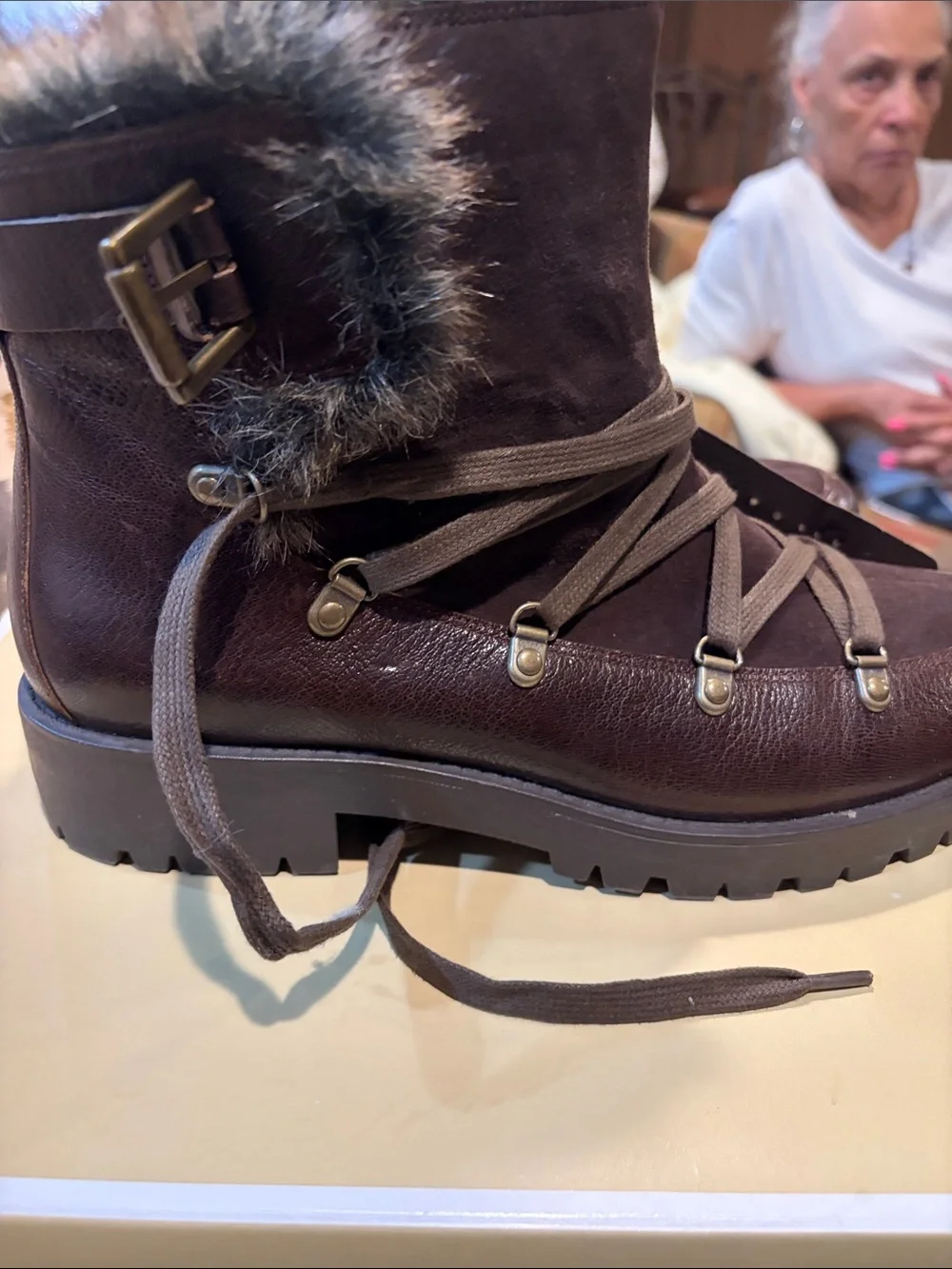 Source Unknown Brown Faux-Fur Trim Lace-Up Winter Boots